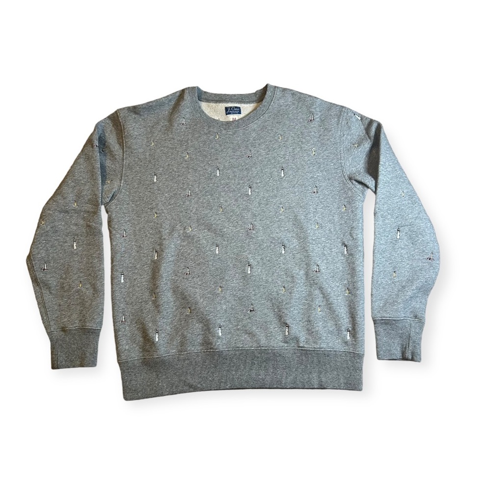 J Crew Vintage Fleece Crew Neck Sweatshirt Lighthouse Print Mens M Gray
